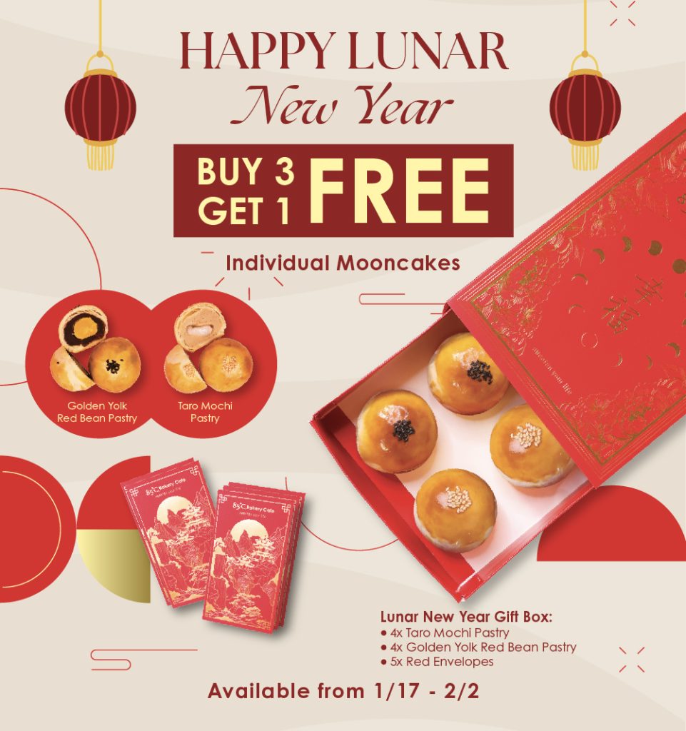 Happy Lunar New Year | Buy 3 Get 1 FREE Individual Mooncakes | Lunar New Year Gift Box: 4x Taro Mochi Pastry, 4x Golden Yolk Red Bean Pastry, 5x Red Envelopes | Available from 1/17 - 2/2